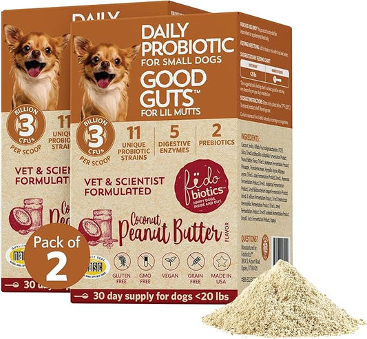 Fidobiotics Good Guts for Lil Mutts Probiotic for Dogs, Billions of CFUs, 11 Strains, 5 Digestive Enzymes, 2 Prebiotics, Digestive Gut Health for Dogs, Adult & Puppy Probiotics Supplements - Pack of 2