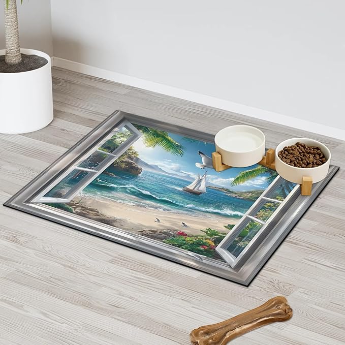 Beach Sunshine Dog Food Mat for Floors Absorbent, Quick Dry Water Dispenser Mat for Food, Water, Pet Supplies 17" x 30", Hawaii Coastal Seaside