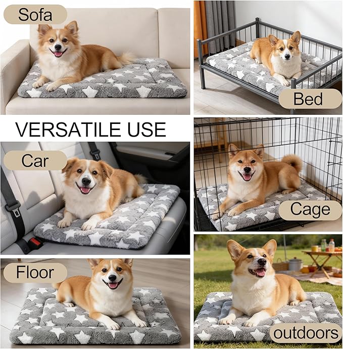Dog Crate Mat, 4 Piece Reversible Pet Bed, Polyester, Machine Washable, Small Dogs & Cats, Rectangular (Gray Star, 24" L x 18" W x 1.5" Th)