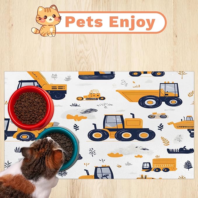 Truck Dog Food Mat for Floors Absorbent, Quick Dry Water Dispenser Mat for Food, Water, Pet Supplies 17" x 30", Cartoon Vehicle