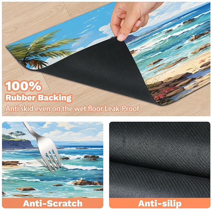 Ocean Beach Dog Food Mat for Floors Absorbent, Quick Dry Water Dispenser Mat for Food, Water, Pet Supplies 24" x 32", Tropical Palm Tree