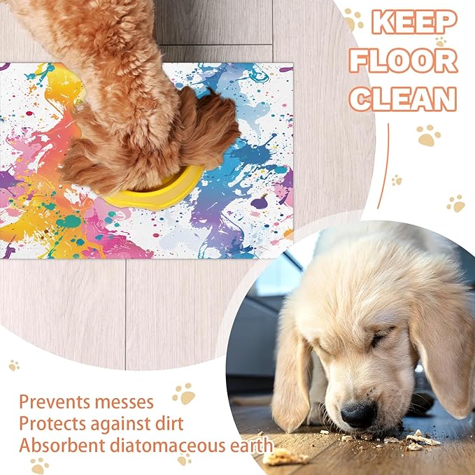 Colorful Graffiti Dog Food Mat for Floors Absorbent Dog Bowl Mat for Food and Water Dispenser Quick Dry Cat Food Placemat Pet Supplies 12" x 20", Rainbow Abstract