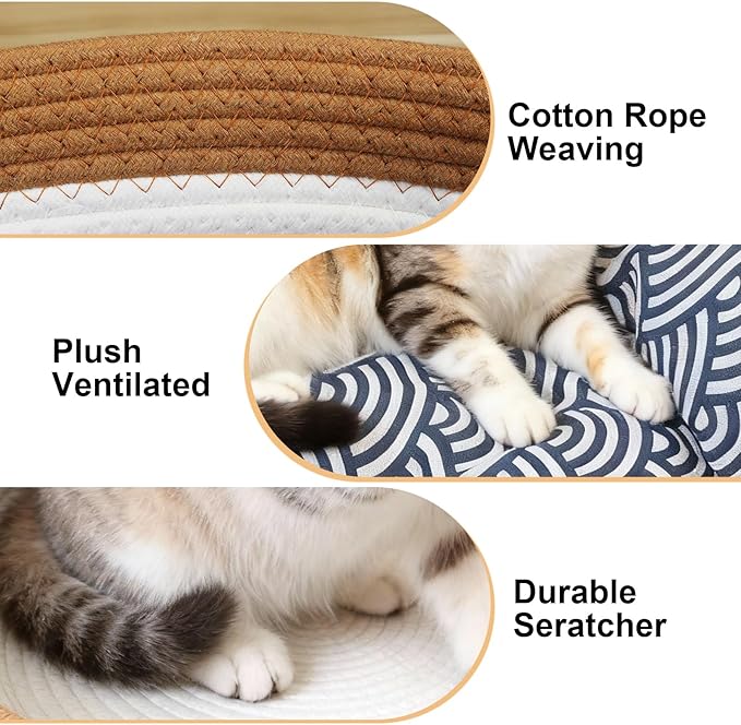 Instinct Basket,Stimulicat Cat Bed,Stimulicat Cat Bed Rope Cotton with Cushion,Eliminates Bed Rejection Round Pet Basket,Boho Catbed for Cats Handwoven Scratchable Breathable Weave (White, Large-A)