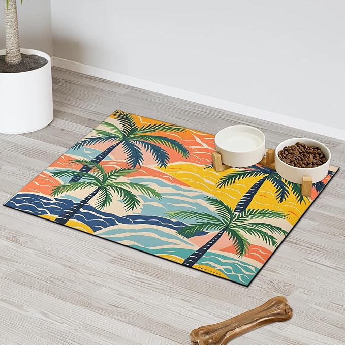 Palm Tree Dog Food Mat for Floors Absorbent, Quick Dry Water Dispenser Mat for Food, Water, Pet Supplies 17" x 30", Ocean