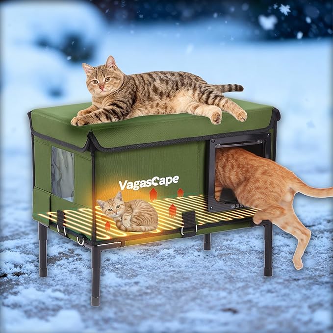 Heated Cat House for Outdoor in Winter, Insulated Weatherproof Cat Shelter with Heating Pad and Safe Escape Door, Waterproof Warm Home for Outside Barn Feral Stray Cat（Green）
