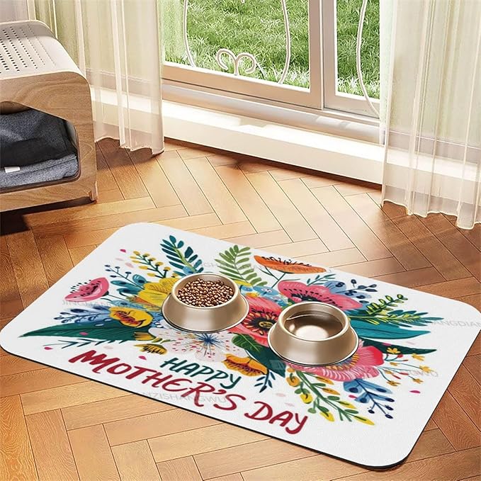 Pet Feeding Mat for Floors Waterproof Dog Mat for Food and Water Happy Mother's Day Floral Gift Mom By Absorbent Quick Dry Non Slip Mats Cat Bowls 24x16In