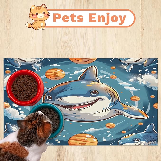 Cute Sharks Dog Food Mat for Floors Absorbent Dog Bowl Mat for Food and Water Dispenser Quick Dry Cat Food Placemat Pet Supplies 16" x 24", Funny Animal