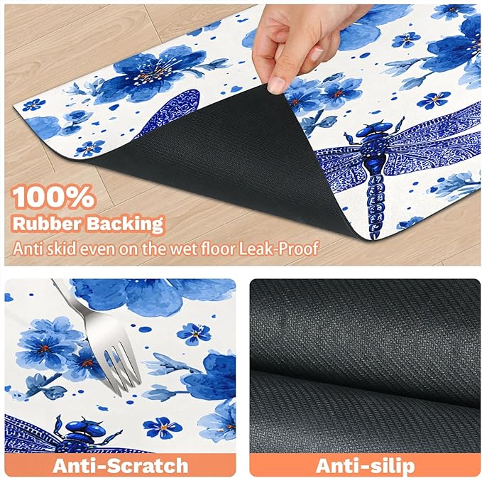 Blue Dragonfly Dog Food Mat for Floors Absorbent, Quick Dry Water Dispenser Mat for Food, Water, Pet Supplies 17" x 30", Flowers