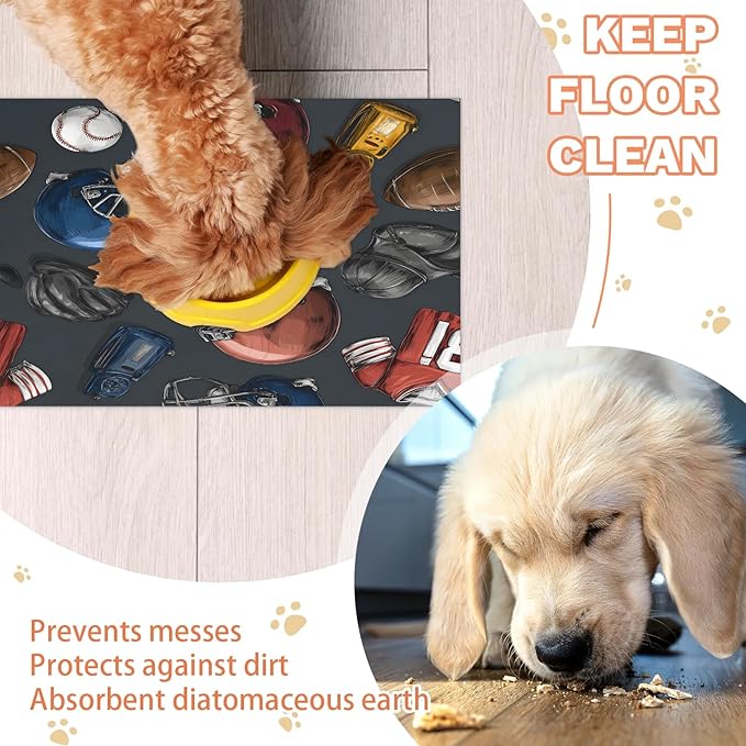 Football Baseball Dog Food Mat for Floors Absorbent, Quick Dry Water Dispenser Mat for Food, Water, Pet Supplies 12" x 20", Sports Theme
