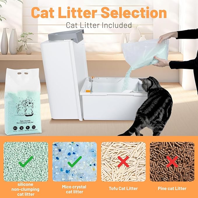 Large Self Cleaning Cat Litter Box for Multiple Cats, Semi Auto Kitty Litter Box with Lid, NoSmell Pull and Scoop Self Cleaning, White & Grey