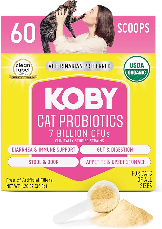 Koby Cat Probiotics | Daily Digestive Support for Sensitive Cats | Helps Loose Stool & Upset Stomach | Certified Organic | Vet Preferred, Clinical Dose | Easy-to-Use Powder