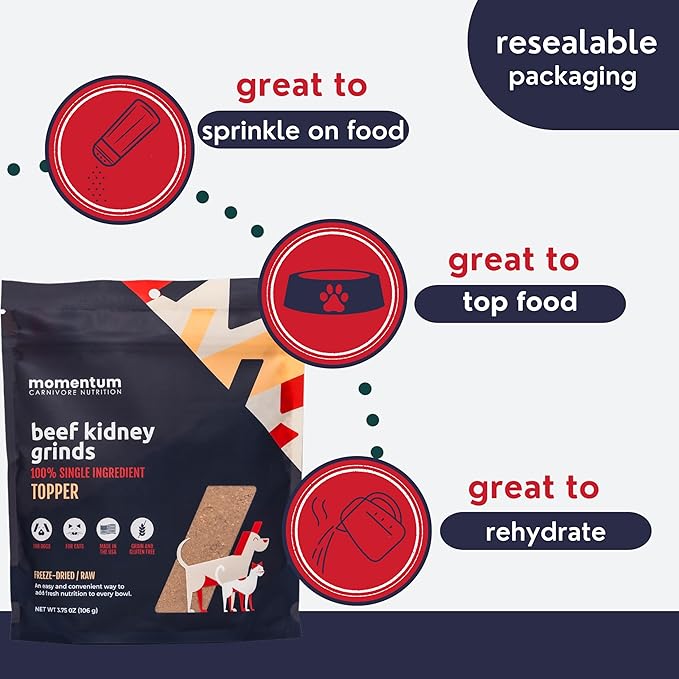 Momentum Carnivore Nutrition Freeze-Dried Beef Kidney Pet Food Topper – Single-Ingredient, All-Natural Topper – High-Protein for Dogs and Cats, Grain-Free and Made in The USA– (3.75 oz Bag)