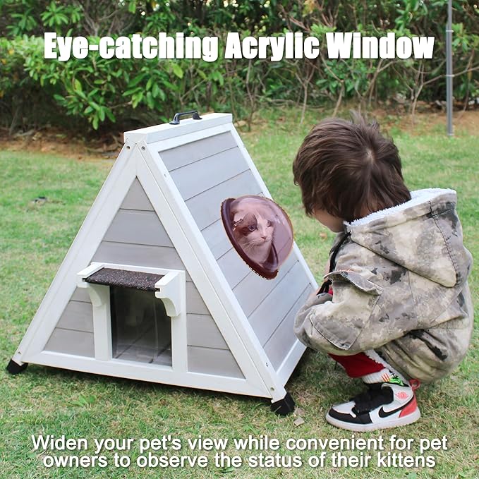Deblue Outdoor Cat House for Feral Cats, Weatherproof Wooden Cat House for Small Pets, Unique Cat Shelter with Escape Door, Clear Window-Grey