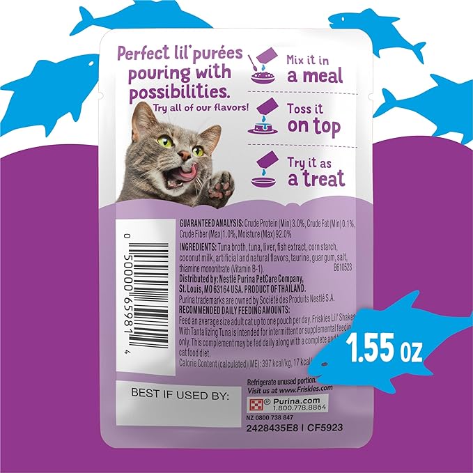Purina Friskies Pureed Cat Food Topper, Lil’ Shakes With Tantalizing Tuna Lickable Cat Treats - (Pack of 16) 1.55 oz. Pouches