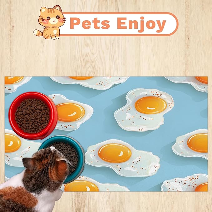 Cartoon Eggs Dog Food Mat for Floors Absorbent Dog Bowl Mat for Food and Water Dispenser Quick Dry Cat Food Placemat Pet Supplies 17" x 30",