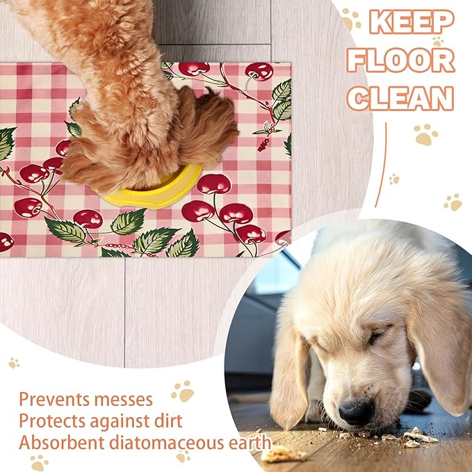 Cherry Fruits Dog Food Mat for Floors Absorbent Dog Bowl Mat for Food and Water Dispenser Quick Dry Cat Food Placemat Pet Supplies 24" x 32", Buffalo Check Plaid