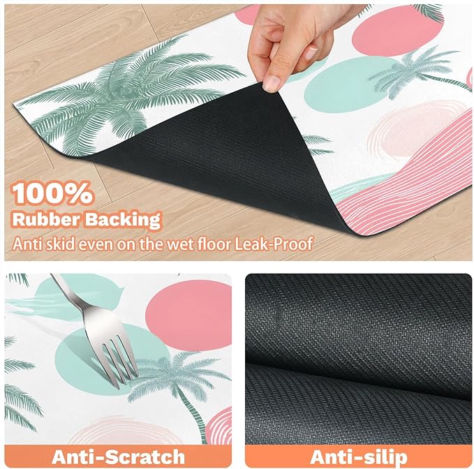 Palm Trees Dog Food Mat for Floors Absorbent, Quick Dry Water Dispenser Mat for Food, Water, Pet Supplies 17" x 30", Watercolor Sun