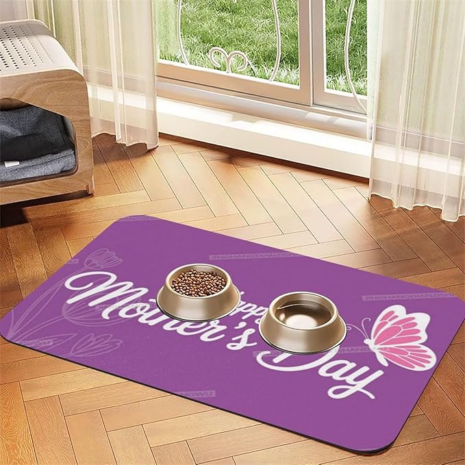 Non Slip Mat for Dog Pet Cat Dog Food Mats Purple Happy Mother's Day Floral Gift for Mom Ch Water Bowl Mat Quick Dry Absorbent Cat Feeding Mats 24x16In
