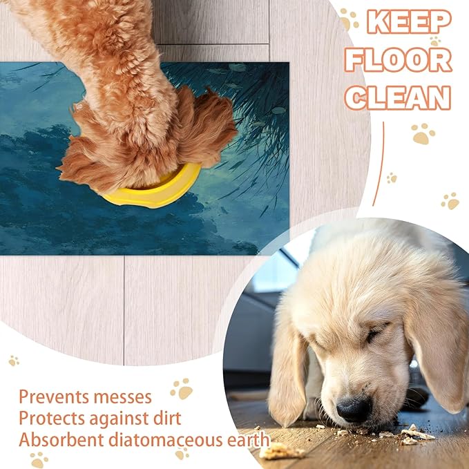 Grass Dog Food Mat for Floors Absorbent, Quick Dry Water Dispenser Mat for Food, Water, Pet Supplies 17" x 30", Sky