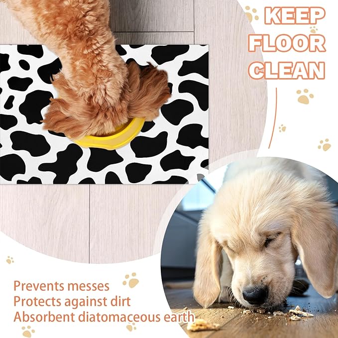 Cow Print Dog Food Mat for Floors Absorbent Dog Bowl Mat for Food and Water Dispenser Quick Dry Cat Food Placemat Pet Supplies 16" x 24", Milk Cow Print