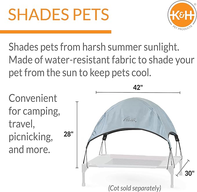 K&H Pet Products Outdoor Elevated Dog Cot Canopy, Cooling Sun Tent Shades Pets, Washable, Water-Resistant, Designed to Fit K&H Large Elevated Dog Cots (Sold Separately) - Large 42 X 30in Gray