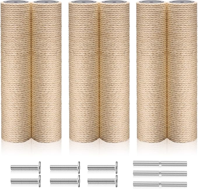 6 Pack Cat Scratching Post Replacement, 15.8 x 3.5 Inches Sisal Cat Tree Scratch Post Refill Pole Parts with M8 Screws, Spare Cat Furniture Accessories Scratcher Posts for Kittens Tree Tower