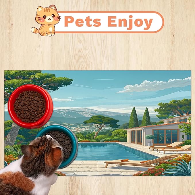 Swimming Pool Dog Food Mat for Floors Absorbent, Quick Dry Water Dispenser Mat for Food, Water, Pet Supplies 12" x 20", Mountain Fore