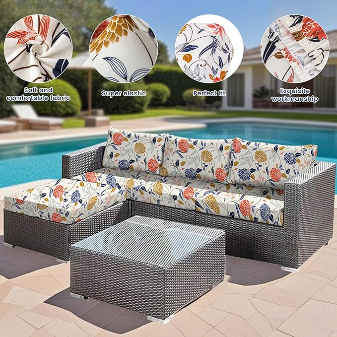 HANDONTIME 8Pcs Outdoor Cushion Covers Waterproof Patio Cushion Covers Boho Stretch Outdoor Couch Cover Replacement Patio Furniture Cover for Pets Sofa Cover Washable (Colorful Boho,Cover Only)