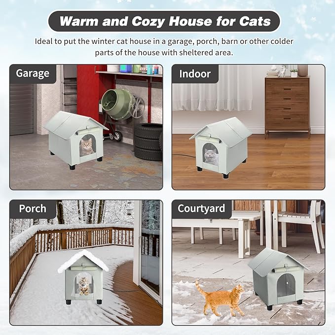 BWOGUE Elevated Heated Cat House for Outdoor Cats in Winter, Waterproof & Insulated Feral Cat Shelter for Outside Cats,Weatherproof Feral Cat House for Outside (Grey, S)
