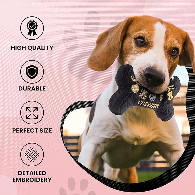 Dog Diggin Designs Chewnel “LBD” Plush Dog Toy Bone | Luxury-Inspired Parody Designer Bone with Squeaker, Soft Plush Chew & Play Dog Toy – Prêt-à-Porter Play