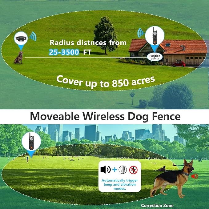 X3 Wireless Dog Fence & Training Collar for 2 Dogs, 3500FT Adjustable Fence & 6100FT Remote Collar, IPX7 Waterproof, 185 Days Standby Rechargeable Battery, 3 Training Modes, 10-130 lbs