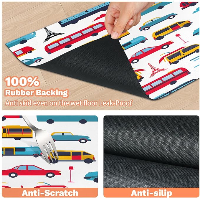 Cartoon Car Dog Food Mat for Floors Absorbent, Quick Dry Water Dispenser Mat for Food, Water, Pet Supplies 16" x 24", Cute Transportation