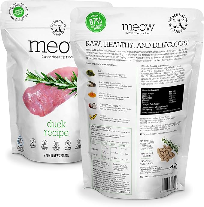 The New Zealand Natural Pet Food Co. Meow Freeze Dried Cat Food - Duck Recipe, High Protein, Use as a Complete Diet, Topper, Mixer, or as Cat Treats, All Life Stages, 9.9 oz