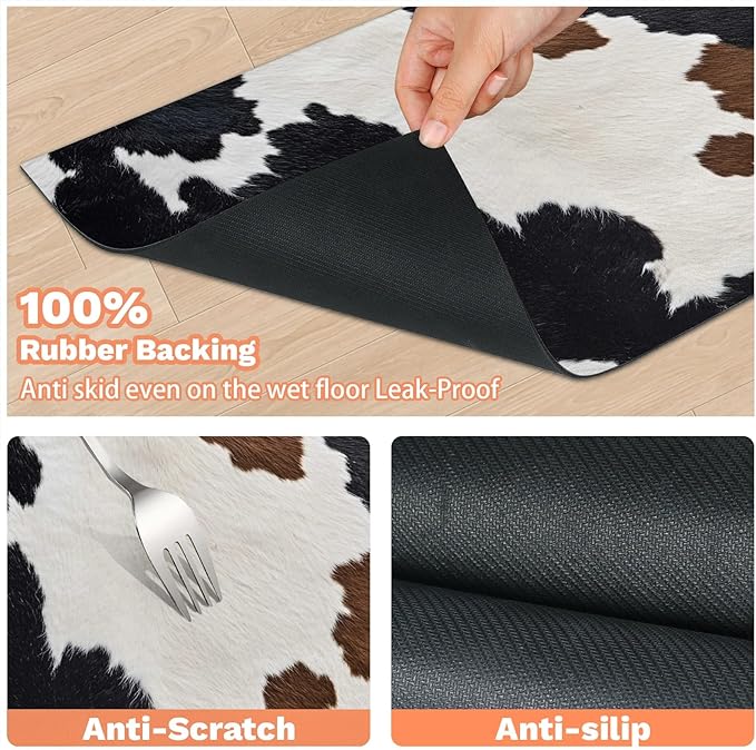 Milk Cow Print Dog Food Mat for Floors Absorbent Dog Bowl Mat for Food and Water Dispenser Quick Dry Cat Food Placemat Pet Supplies 12" x 20", Maroon White Fur