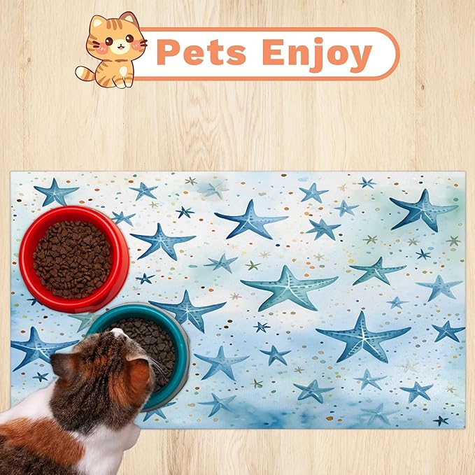 Ocean Starfish Dog Food Mat for Floors Absorbent Dog Bowl Mat for Food and Water Dispenser Quick Dry Cat Food Placemat Pet Supplies 17" x 30", Nautical Coastal