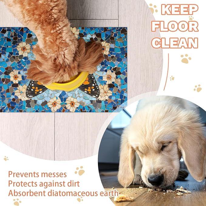 Butterfly Dog Food Mat for Floors Absorbent, Quick Dry Water Dispenser Mat for Food, Water, Pet Supplies 16" x 24", Colorful Floral