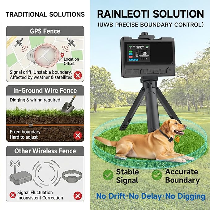 Wireless Dog Fence – Precise Signal 3-in-1 Boundary, Training & No-Go Zone System, Up to 1 Acre Circular Coverage, Waterproof Collar, Indoor & Yard Use, Fits 10–120 lb Dogs