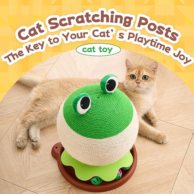 Frog Cat Scratcher - 3 in 1 Cute Cat Scratching Post for Indoor Cats with Bell Ball Track - Natural Sisal Cat Scratcher Ball Toy Orange/Bee Aesthetic Cat Furniture, Space-Saving Interactive Kitten Toy