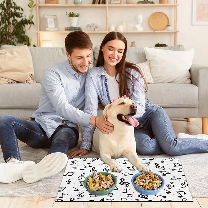 Black Note Dog Food Mat for Floors Absorbent Dog Bowl Mat for Food and Water Dispenser Quick Dry Cat Food Placemat Pet Supplies 12" x 20", Music