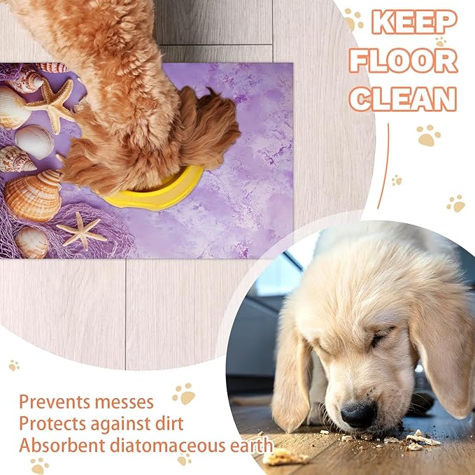Starfish Shell Dog Food Mat for Floors Absorbent Dog Bowl Mat for Food and Water Dispenser Quick Dry Cat Food Placemat Pet Supplies 12" x 20", Purple