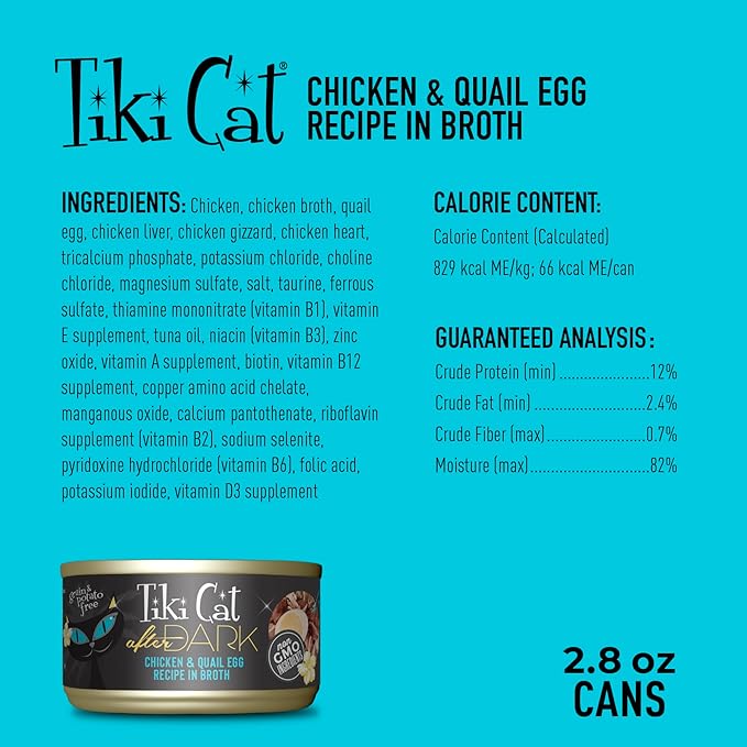 Tiki Cat After Dark,Chicken & Quail Egg,High-Protein and 100% Non-GMO Ingredients,Wet Cat Food for Adult Cats,2.8 oz. Can,(Pack of 24)