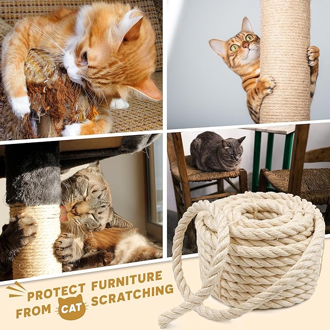 Natural Sisal Rope Perfect for Cat Scratching Posts, Pet Toys, Furniture Protection, and Home Décor (1/2 in (12mm) x 50 ft)