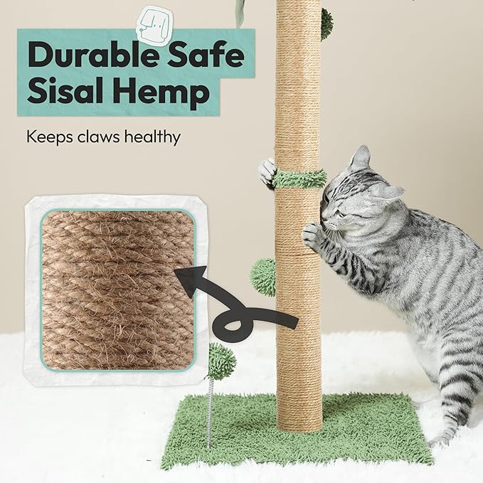 Cat Scratching Post, 34'' Tall Cat Scratchers for Indoor Cats with Hanging Balls, Tall Cute Sisal Kitten Scratch Post with Reinforced Stable Base, Green, Medium