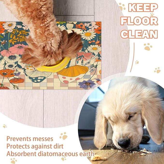Boho Mushrooms Dog Food Mat for Floors Absorbent Dog Bowl Mat for Food and Water Dispenser Quick Dry Cat Food Placemat Pet Supplies 17" x 30", Flower Floral