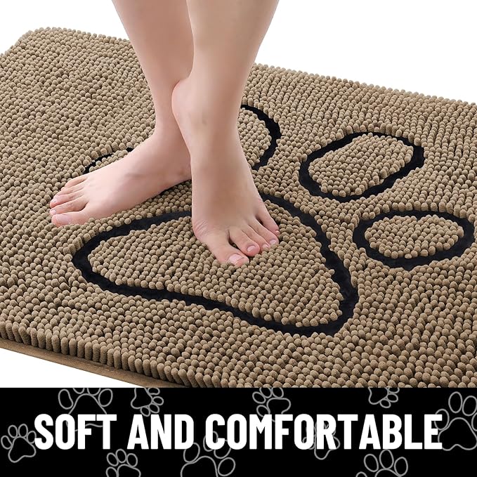 Smiry Dog Door Mat for Muddy Paws, Absorbent Dirt Trapper Non Slip Quick Dry Washable Chenille Mat for Mud Dogs, Entry Rug for Indoor and Outdoor (40x32 Inches, Camel and Black)