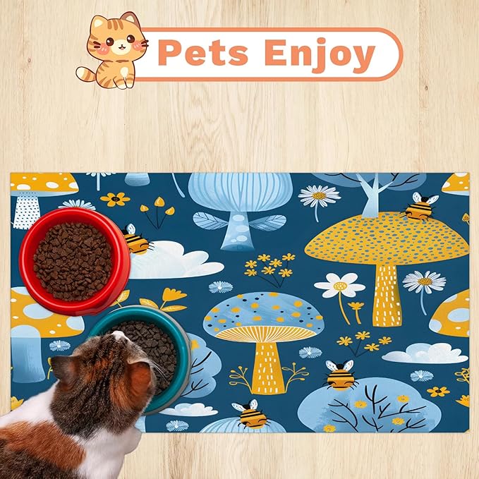 Tree Dog Food Mat for Floors Absorbent, Quick Dry Water Dispenser Mat for Food, Water, Pet Supplies 16" x 24", Flower