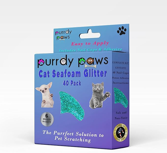 6 Month Supply Soft Nail Caps for Cats Seafoam Glitter Medium - Extra Adhesives