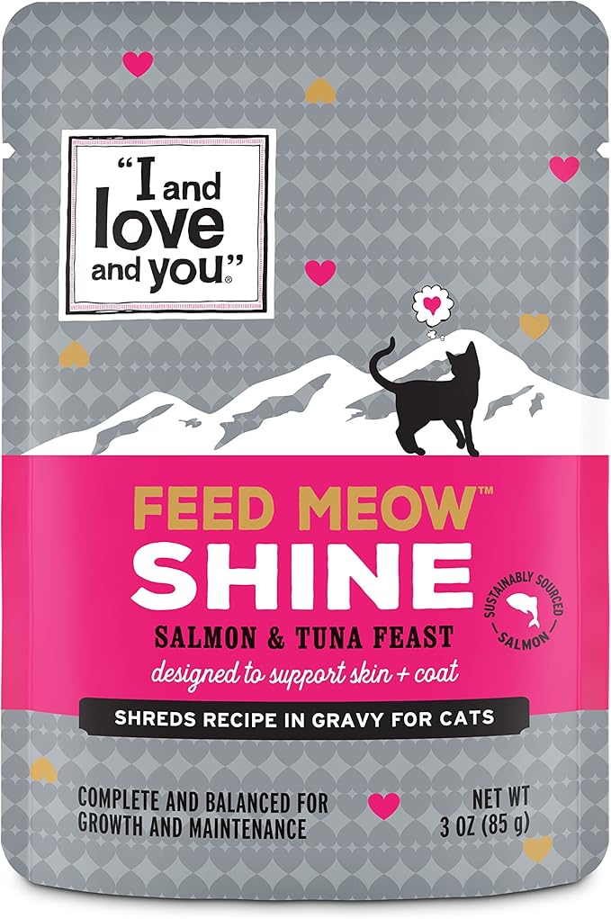 I and Love and You Feed Meow Wet Cat Food Toppers, Shine Formula with Salmon and Tuna, Omegas 3 and 6 for Healthy Skin and Coat, Grain Free, No Fillers, 3 Oz Pouches, 1 Pouch Trial Size