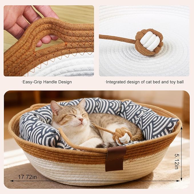 Instinct Basket,Stimulicat Cat Bed,Stimulicat Cat Bed Rope Cotton with Cushion,Eliminates Bed Rejection Round Pet Basket,Boho Catbed for Cats Handwoven Scratchable Breathable Weave (White, Large-A)