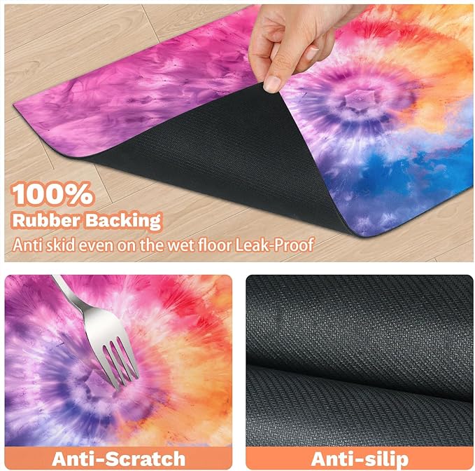Tie Dye Dog Food Mat for Floors Absorbent, Quick Dry Water Dispenser Mat for Food, Water, Pet Supplies 24" x 32", Boho Abstract